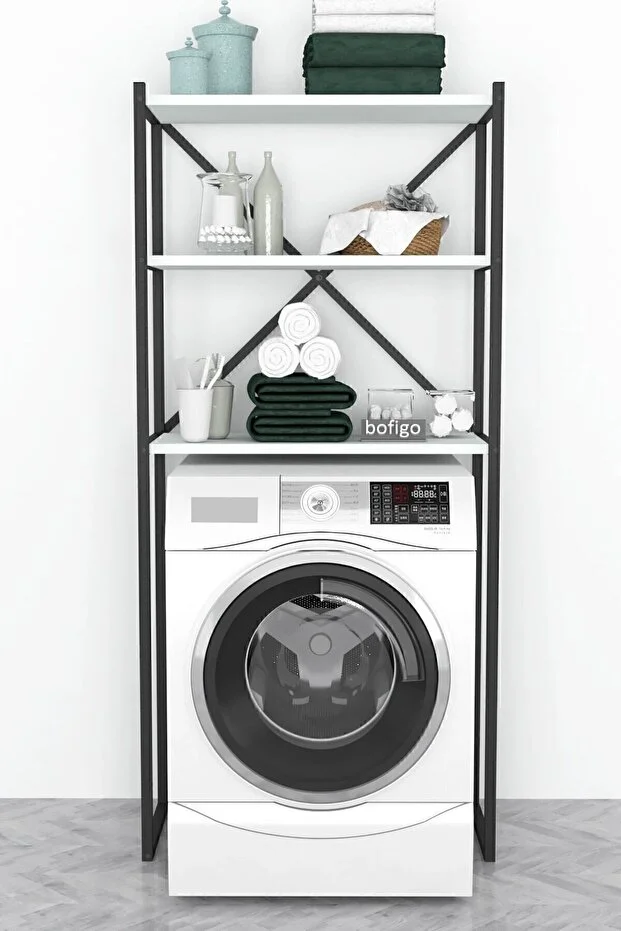 3 Raflı Metal Banyo Düzenleyici Metal Banyo Rafı Çamaşır Makinası Üstü Beyaz